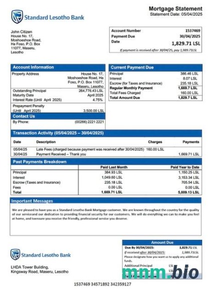 Lesotho Standard Lesotho Bank wyciąg z kredytu hipotecznego szablon Word i PDF